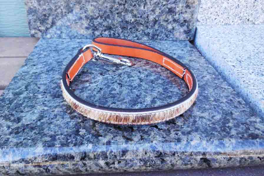 3/4 inch wide hair on cowhide traffic leash in 2ft length