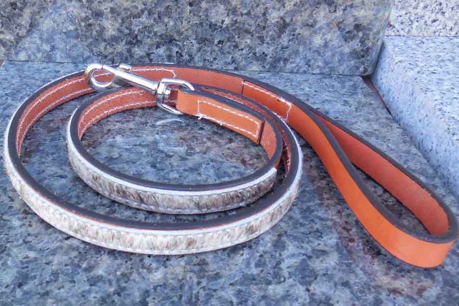 3/4 inch wide leather hair on cowhide leash in 4ft length